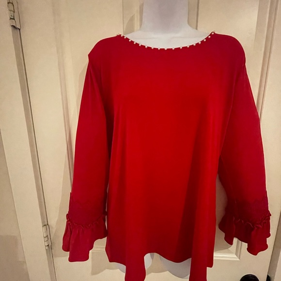 Karl Lagerfeld Tops - Karl Lagerfeld Red 3/4 Sleeve Pearl Embellished Top